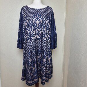 Eliza J Womens 3/4 Sleeves Lace Dress Navy Blue Tan Size 24W A650D